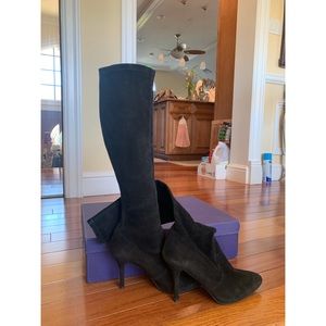 Stuart Weiztman Black Suede Stiletto Knee High Boots